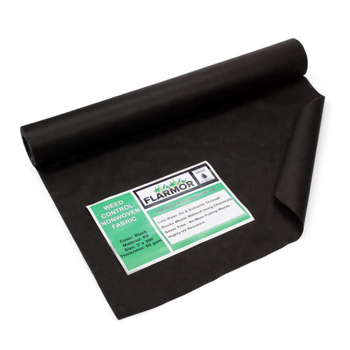 FLARMOR non-woven landscape fabric roll unrolled with the FLARMOR weed control label