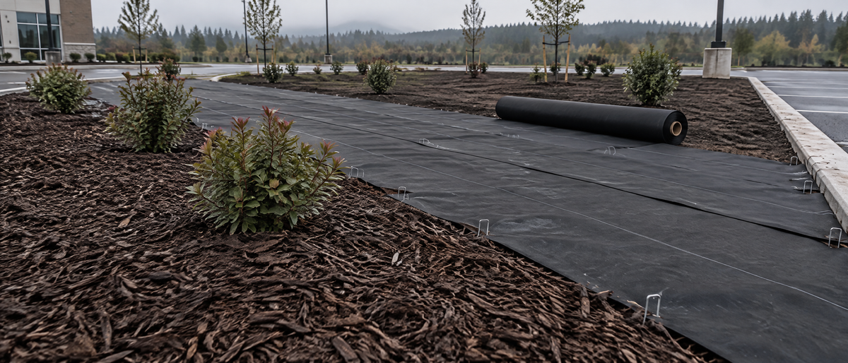 Black non-woven landscape fabric stapled down across a commercial planting bed beside a parking lot, a roll of fabric on the soil and bark mulch spread along the planted edge